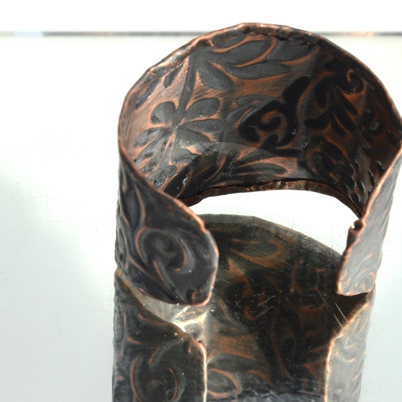 Floral Repoussé Solid Copper Wide Cuff Bracelet Embossed Handmade Bohemian Boho - Picture 8 of 8